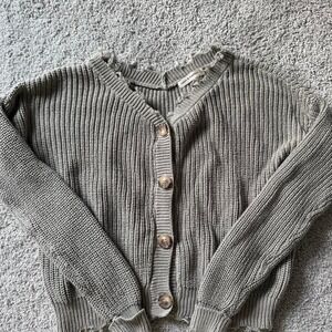 Moon & M Grey Cropped Button Front Cardigan Distressed Look Cuffed Sleeve V-Neck